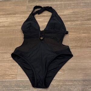 Women’s Black Halter One-Piece Swimsuit with Mesh Insets